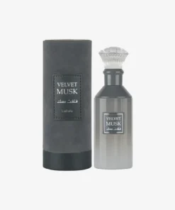 Flacon Lattafa Velvet Musk 100 ml cu capac transparent și cutie cilindrică gri