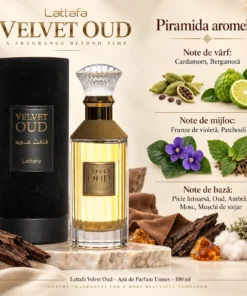 Flacon și cutie Lattafa Velvet Oud 100 ml alături de piramida olfactivă