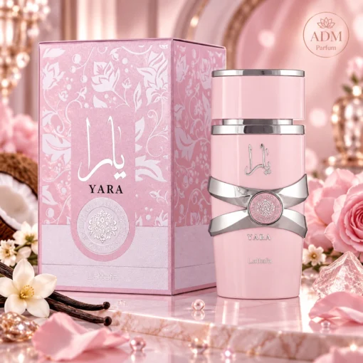 Lattafa Yara Apă de Parfum Damă 100 ml – flacon și cutie în decor