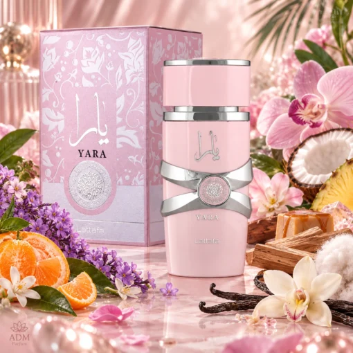 Lattafa Yara Apă de Parfum Damă 100 ml – flacon și cutie în decor