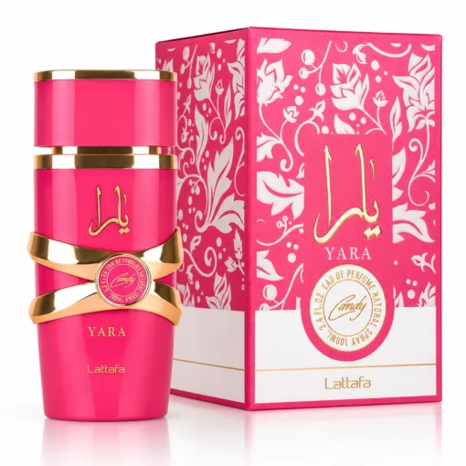 Lattafa Yara Candy Apă de Parfum Damă 100 ml – flacon și cutie pe fundal alb