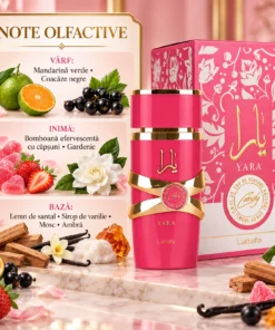 Lattafa Yara Candy Apă de Parfum Damă 100 ml – flacon, cutie și piramidă olfactivă