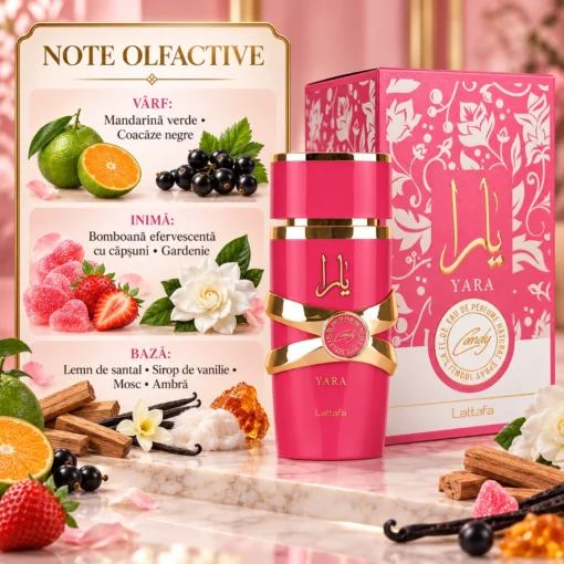 Lattafa Yara Candy Apă de Parfum Damă 100 ml – flacon, cutie și piramidă olfactivă