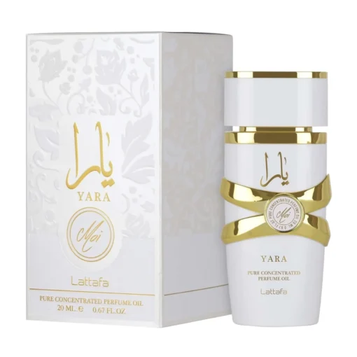 Lattafa Yara Moi Ulei de Parfum Concentrat Femei 20 ml – flacon și cutie pe fundal alb