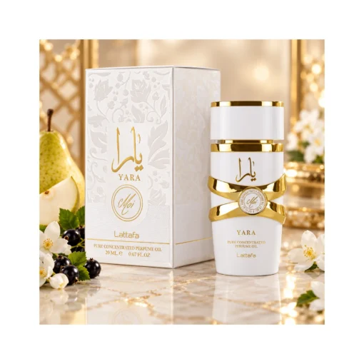 Lattafa Yara Moi Ulei de Parfum Concentrat Femei 20 ml – flacon și cutie în decor