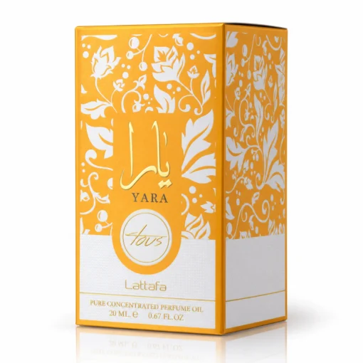 Lattafa Yara Tous Ulei de Parfum Concentrat Femei 20 ml – cutie pe fundal alb