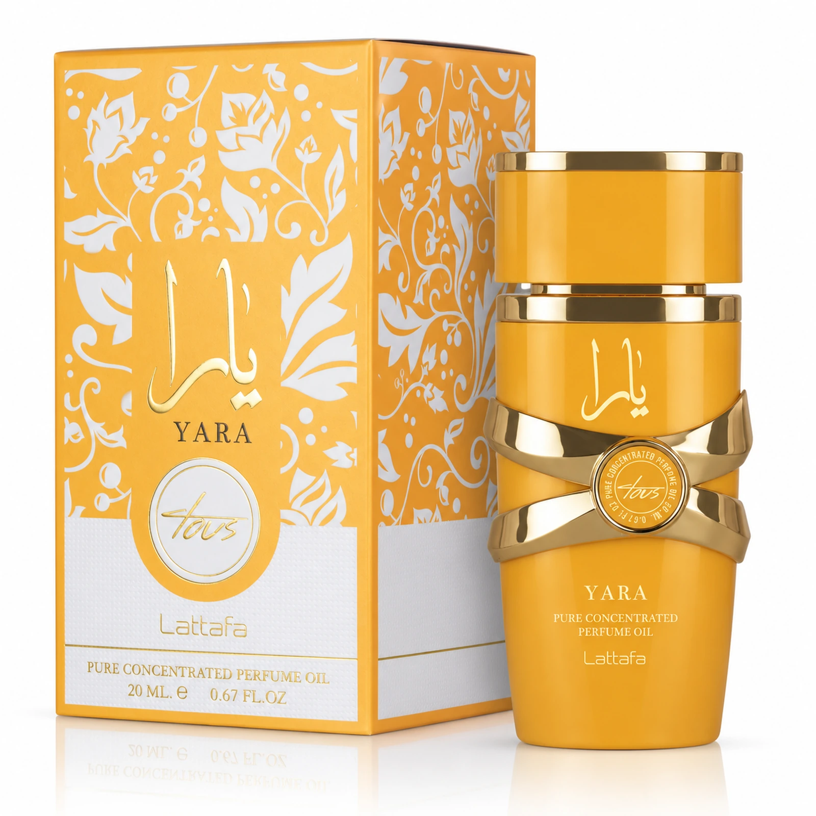 Lattafa Yara Tous Ulei de Parfum Concentrat Femei 20 ml – flacon și cutie pe fundal alb