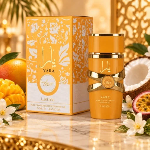 Lattafa Yara Tous Ulei de Parfum Concentrat Femei 20 ml – flacon și cutie în decor