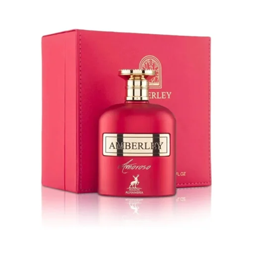 Maison Alhambra Amberley Amoroso 100 ml, flacon și cutie, pe fundal alb