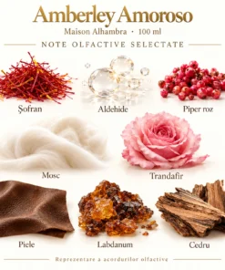 Note olfactive selectate Maison Alhambra Amberley Amoroso 100 ml: șofran, aldehide, piper roz, mosc, trandafir, piele, labdanum și cedru