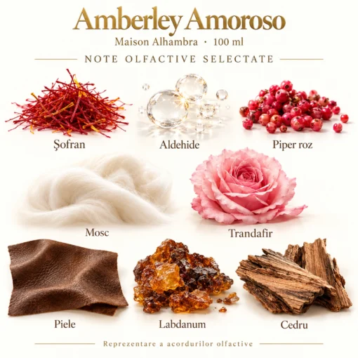 Note olfactive selectate Maison Alhambra Amberley Amoroso 100 ml: șofran, aldehide, piper roz, mosc, trandafir, piele, labdanum și cedru