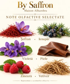 Note olfactive selectate Maison Alhambra By Saffron: șofran, ienupăr, violetă, piele, zmeură și vetiver