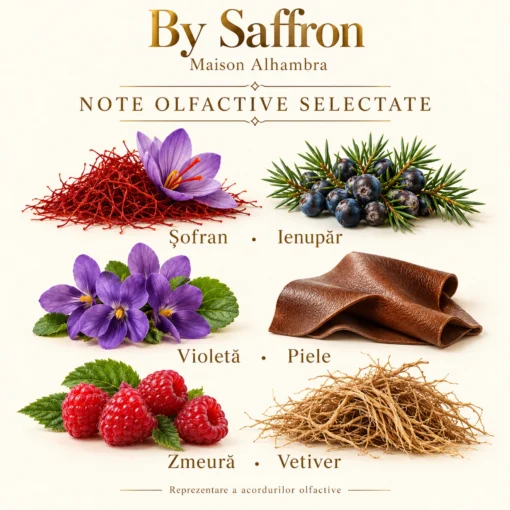 Note olfactive selectate Maison Alhambra By Saffron: șofran, ienupăr, violetă, piele, zmeură și vetiver
