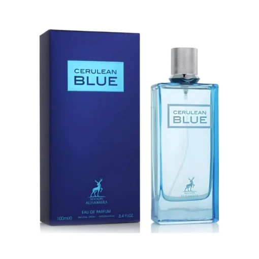 Maison Alhambra Cerulean Blue 100 ml, flacon și cutie, pe fundal alb