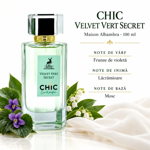 Maison Alhambra Chic Velvet Vert Secret 100 ml – flacon cu note de frunze de violetă, lăcrămioare și mosc