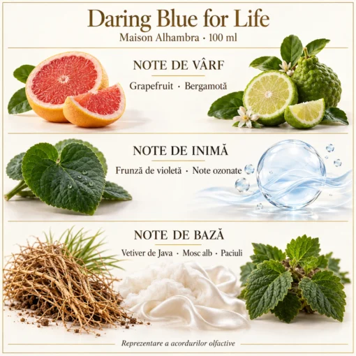 Note olfactive Maison Alhambra Daring Blue for Life 100 ml: grapefruit, bergamotă, frunză de violetă, vetiver, mosc alb și paciuli