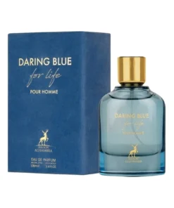 Maison Alhambra Daring Blue For Life Pour Homme 100 ml, flacon și cutie, pe fundal alb