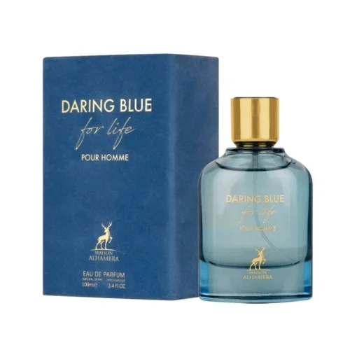 Maison Alhambra Daring Blue For Life Pour Homme 100 ml, flacon și cutie, pe fundal alb