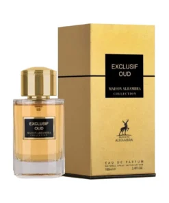 Maison Alhambra Exclusif Oud 100 ml, flacon și cutie, pe fundal alb