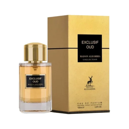 Maison Alhambra Exclusif Oud 100 ml, flacon și cutie, pe fundal alb