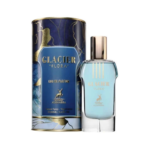 Maison Alhambra Glacier Flora 100 ml, flacon și cutie, pe fundal alb