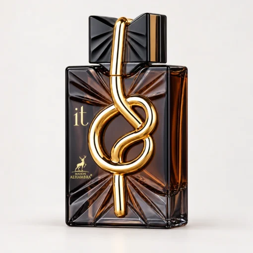 Flacon Maison Alhambra IT 100 ml din sticlă închisă la culoare, cu ornament auriu, pe fundal neutru