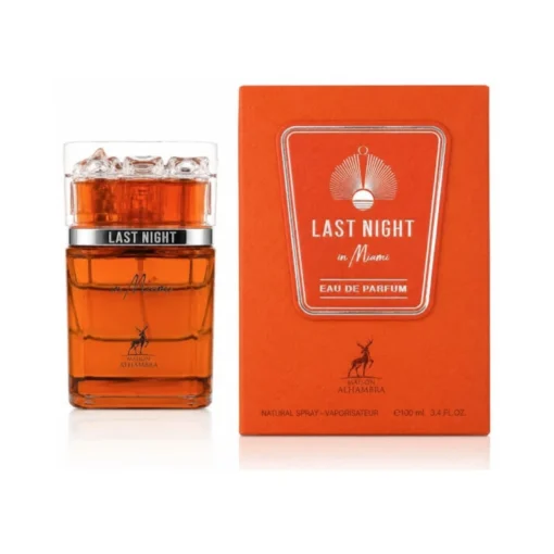 Maison Alhambra Last Night In Miami 100 ml, flacon și cutie, pe fundal alb