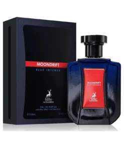 Maison Alhambra Moondrift Blue Intense 100 ml, flacon și cutie, pe fundal alb