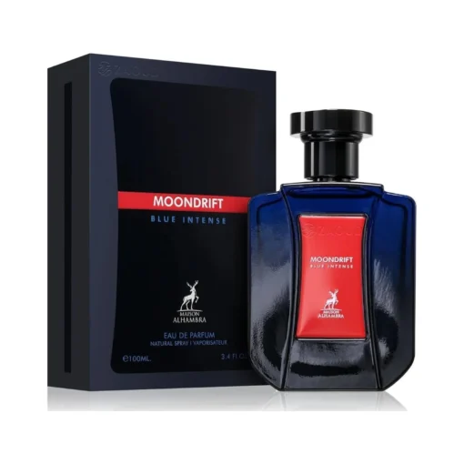 Maison Alhambra Moondrift Blue Intense 100 ml, flacon și cutie, pe fundal alb