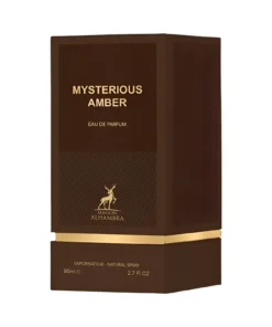 Maison Alhambra Mysterious Amber 80 ml, cutia parfumului, pe fundal alb