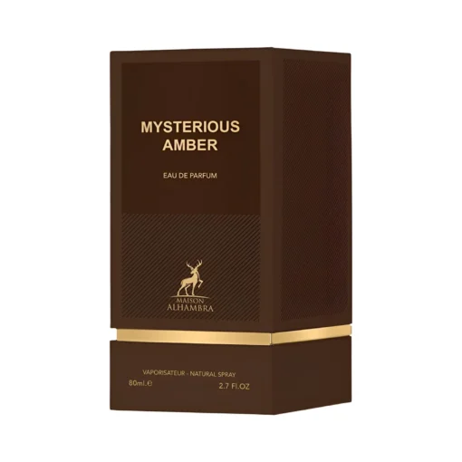 Maison Alhambra Mysterious Amber 80 ml, cutia parfumului, pe fundal alb