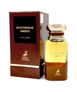 Maison Alhambra Mysterious Amber 80 ml, flacon și cutie, pe fundal alb
