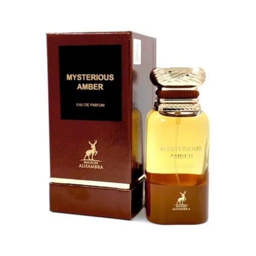 Maison Alhambra Mysterious Amber 80 ml, flacon și cutie, pe fundal alb