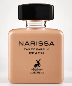 Flacon Maison Alhambra Narissa Peach 100 ml în nuanță piersică, cu capac negru, pe fundal gri deschis
