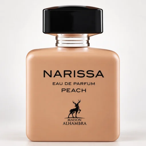 Flacon Maison Alhambra Narissa Peach 100 ml în nuanță piersică, cu capac negru, pe fundal gri deschis