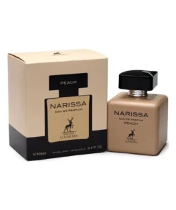 Maison Alhambra Narissa Peach 100 ml, flacon și cutie, pe fundal alb