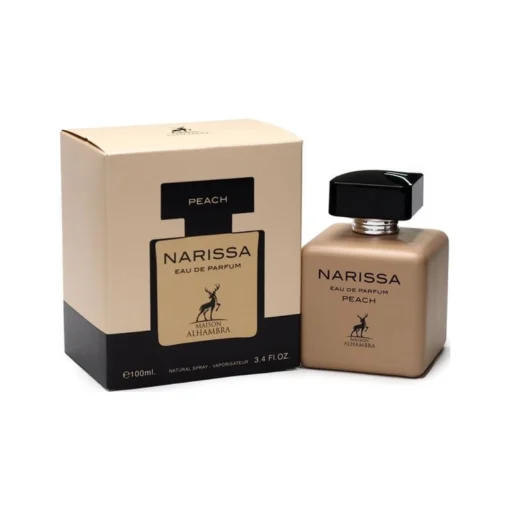 Maison Alhambra Narissa Peach 100 ml, flacon și cutie, pe fundal alb