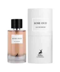 Maison Alhambra Rose Oud 100 ml, flacon și cutie, pe fundal alb