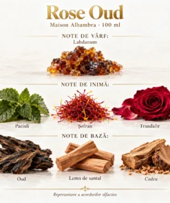 Note olfactive Maison Alhambra Rose Oud 100 ml: labdanum, paciuli, șofran, trandafir, oud, santal și cedru