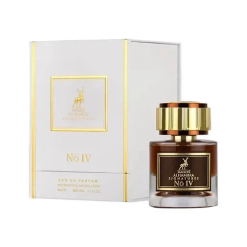 Maison Alhambra Signatures No IV 50 ml, flacon și cutie, pe fundal alb