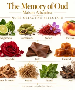 Note olfactive selectate Maison Alhambra The Memory of Oud: bergamotă, cardamom, șofran, piersică, trandafir, piele, caramel și lemn
