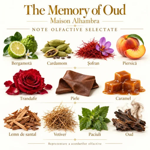 Note olfactive selectate Maison Alhambra The Memory of Oud: bergamotă, cardamom, șofran, piersică, trandafir, piele, caramel și lemn