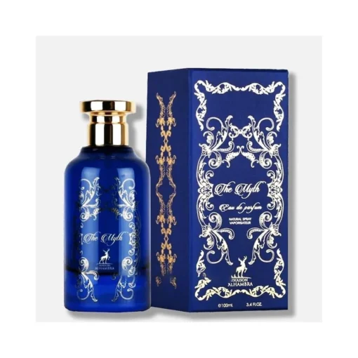 Maison Alhambra The Myth 100 ml, flacon și cutie, pe fundal alb