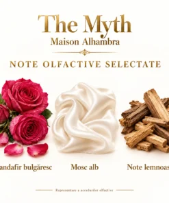 Note olfactive selectate Maison Alhambra The Myth: trandafir bulgăresc, mosc alb și note lemnoase
