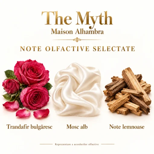 Note olfactive selectate Maison Alhambra The Myth: trandafir bulgăresc, mosc alb și note lemnoase