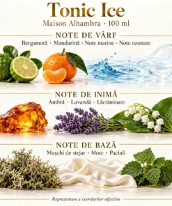 Note olfactive Maison Alhambra Tonic Ice 100 ml: bergamotă, mandarină, acorduri marine, lavandă, lăcrămioare și paciuli