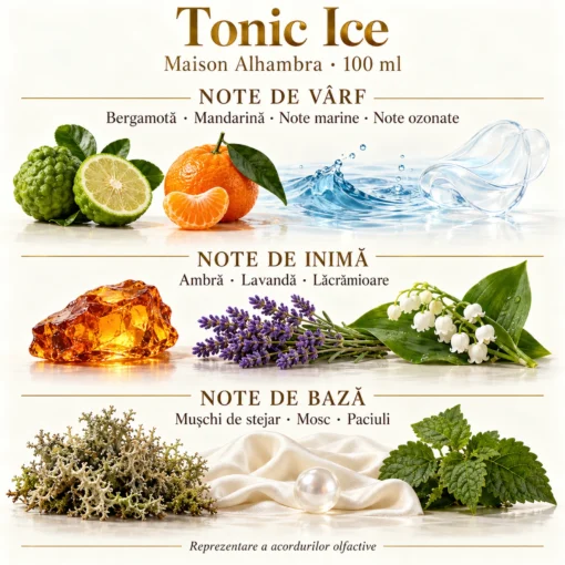 Note olfactive Maison Alhambra Tonic Ice 100 ml: bergamotă, mandarină, acorduri marine, lavandă, lăcrămioare și paciuli