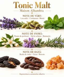 Note olfactive Maison Alhambra Tonic Malt: lavandin, cardamom, mentă, floare de portocal, salvie, rozmarin, tonka, cacao și benzoin