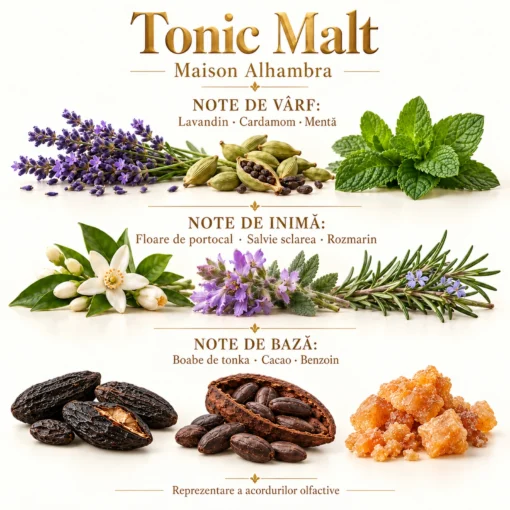 Note olfactive Maison Alhambra Tonic Malt: lavandin, cardamom, mentă, floare de portocal, salvie, rozmarin, tonka, cacao și benzoin
