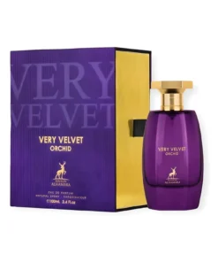 Maison Alhambra Very Velvet Orchid 100 ml, flacon și cutie, pe fundal alb